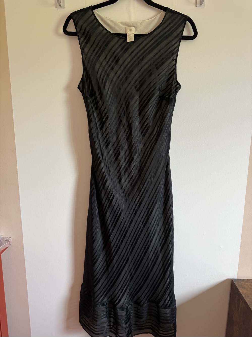 J. Jill 100% Silk Black Burnout Stripe Midi Dress Size 10 Sleeveless
